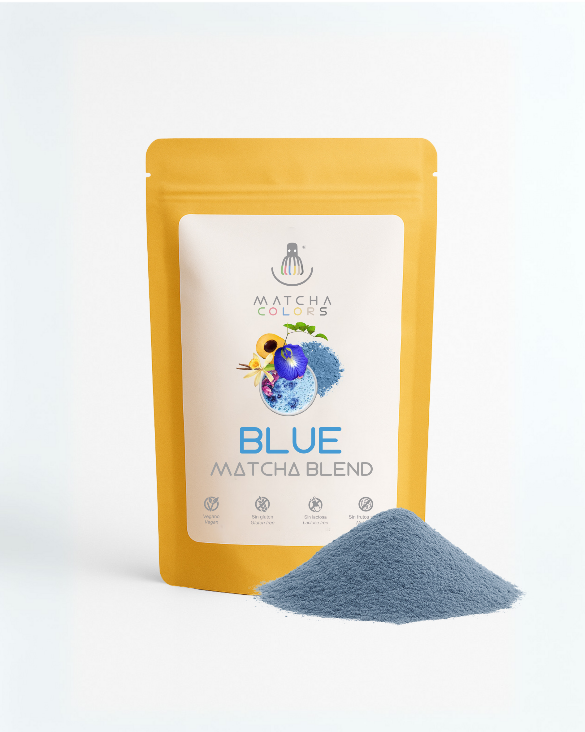 Blue Matcha Blend in a yellow pouch with blue powder spilled out