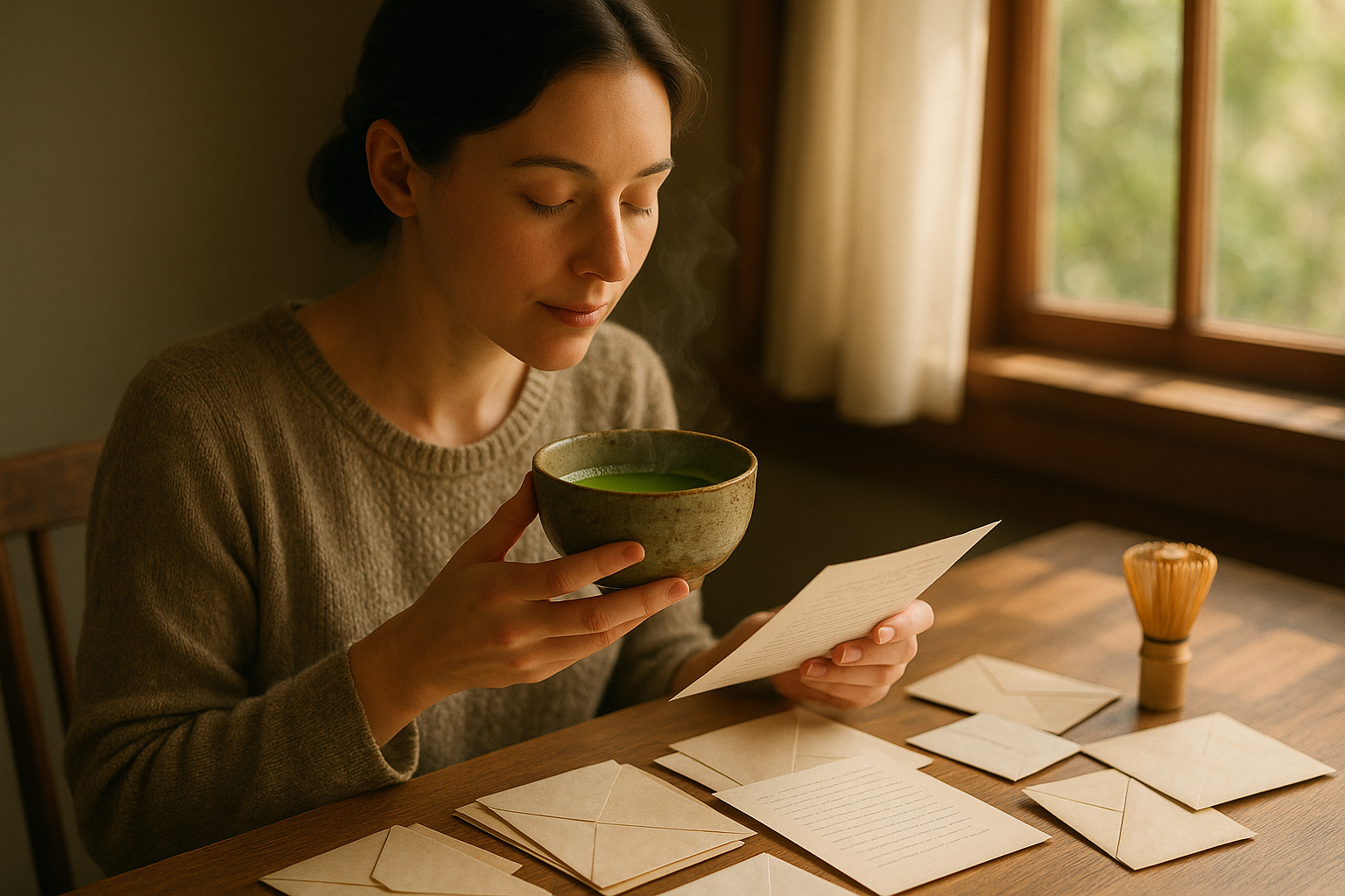 A woman drinking matcha while reading mail