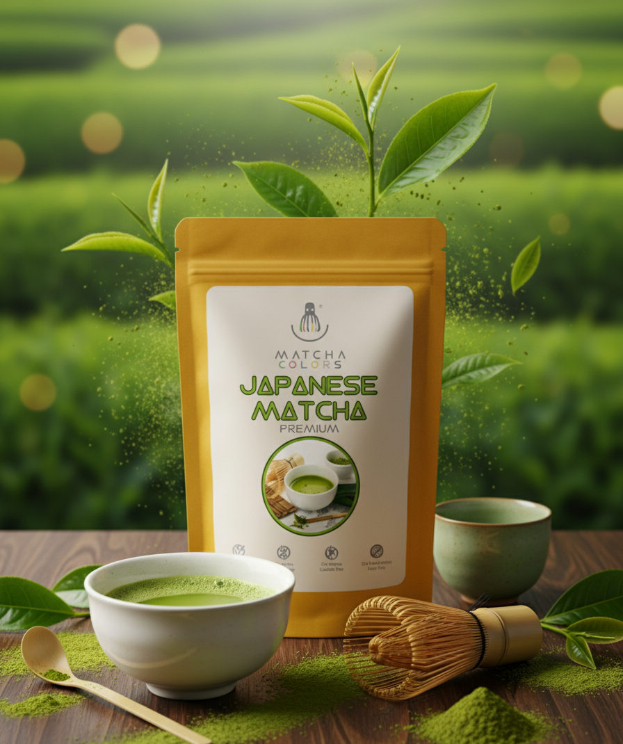 Bolsa de Japanese Matcha Premium Puro 100%. Matcha ceremonial cultivado en Japón, color verde brillante. Vegano, sin gluten y sin lactosa