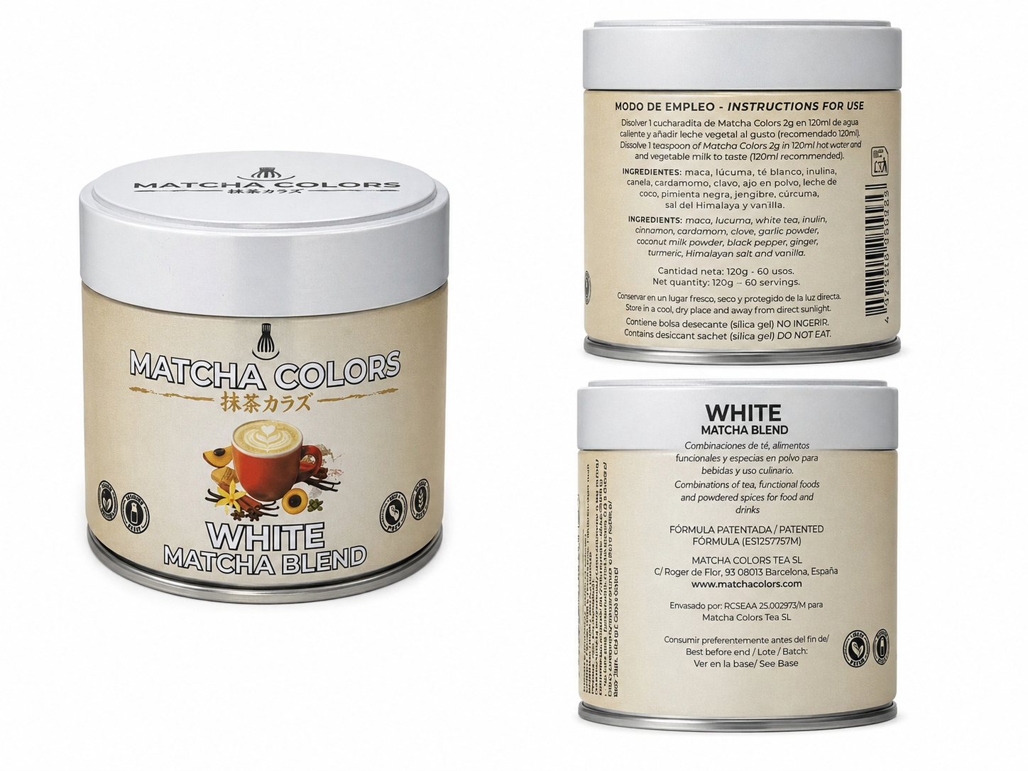 Composición de producto de White Matcha Blend: lata y cajas con panel de ingredientes