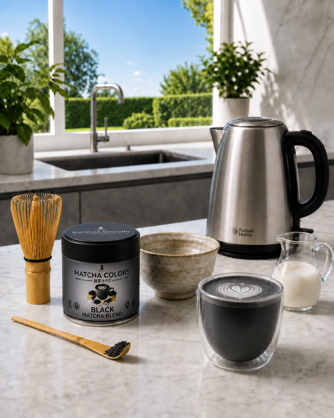 Black Matcha Blend en la encimera con chasen de bambú y hervidor junto a la ventana