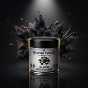 Hero de campaña de Black Matcha Blend: lata con explosión de color sobre fondo de marca - imagen firma IA