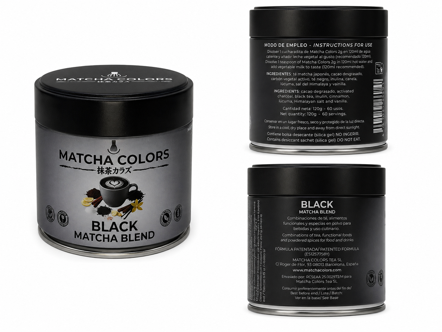 Composición de producto de Black Matcha Blend: lata y cajas con panel de ingredientes