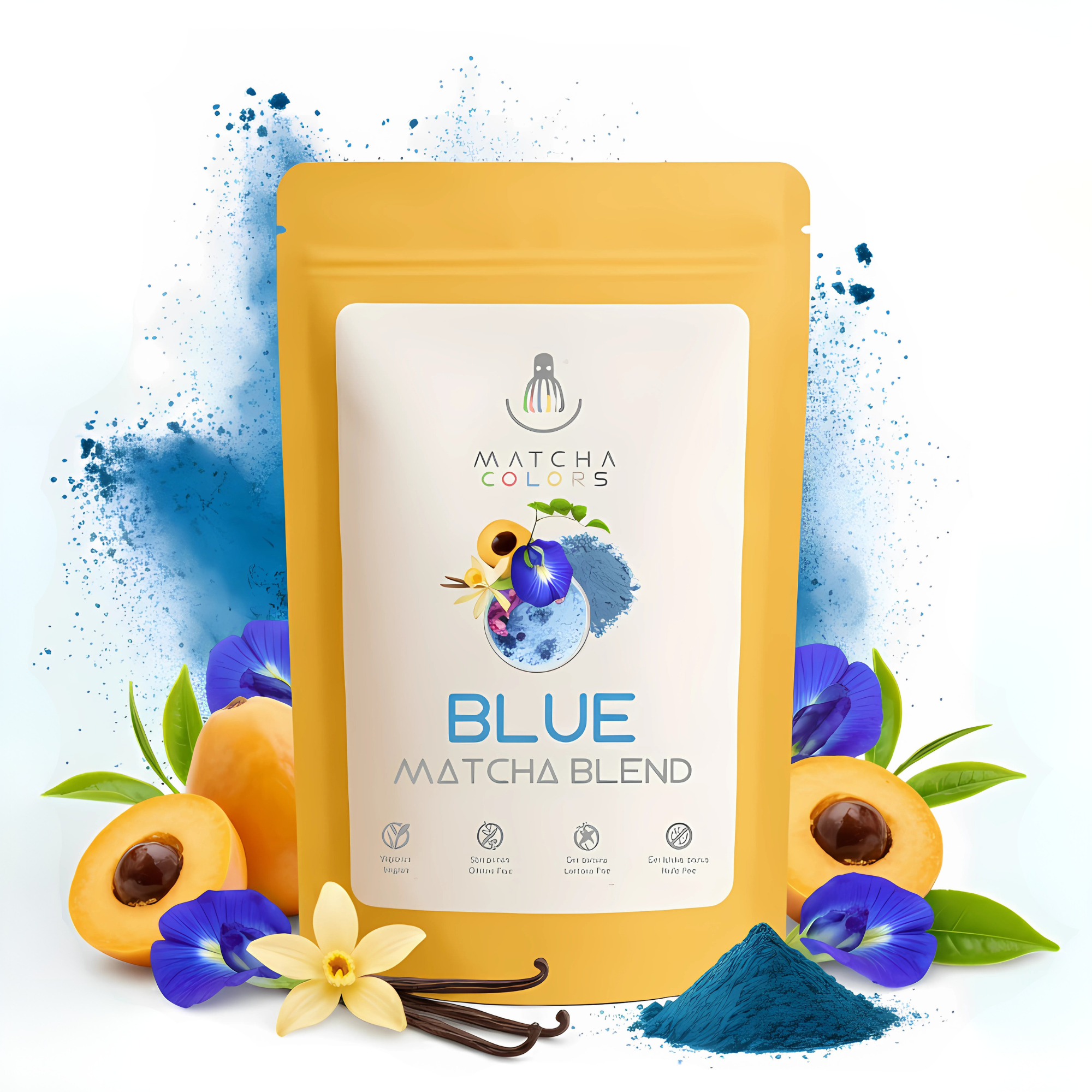 Bolsa de Blue Matcha Blend de Matcha Colors con flor de guisante mariposa y espirulina azul. Ideal para lattes azules, vegano y sin gluten.