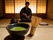 Batidor de bambu chasen de Matcha Colors junto a un cuenco de matcha en una ceremonia del te sobre tatami - campaña IA