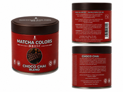 Composición de producto de Choco Chai Blend: lata y cajas con panel de ingredientes