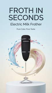 Poster vertical Froth in Seconds del espumador de leche electrico de Matcha Colors con remolinos de leche azul y rosa - campaña IA