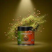 Hero de campaña de Genmaicha Matcha Premium: lata con explosión de color sobre fondo de marca - imagen firma IA