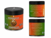 Composición de producto de Genmaicha Premium: lata y cajas, degradado verde y naranja