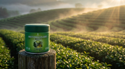 Lata de Green Matcha Blend de Matcha Colors sobre un poste de madera frente a campos de té japoneses al amanecer entre la niebla - campaña IA