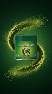 Póster vertical con un remolino de polvo verde alrededor de la lata de Green Matcha Blend de Matcha Colors - campaña IA