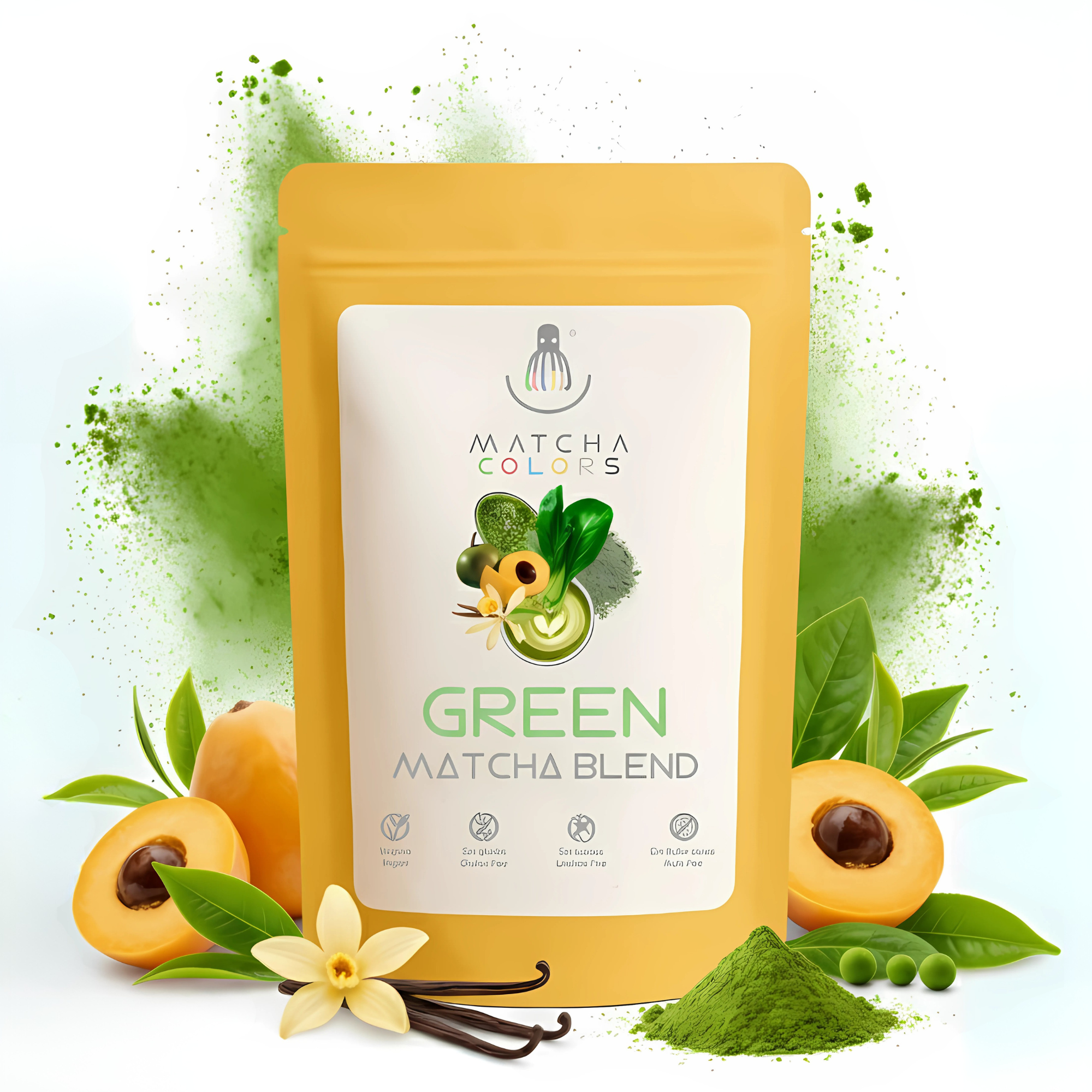 Mezcla Green Matcha de Matcha Colors con lúcuma y chlorella. Vegano, sin gluten, ideal para lattes saludables.