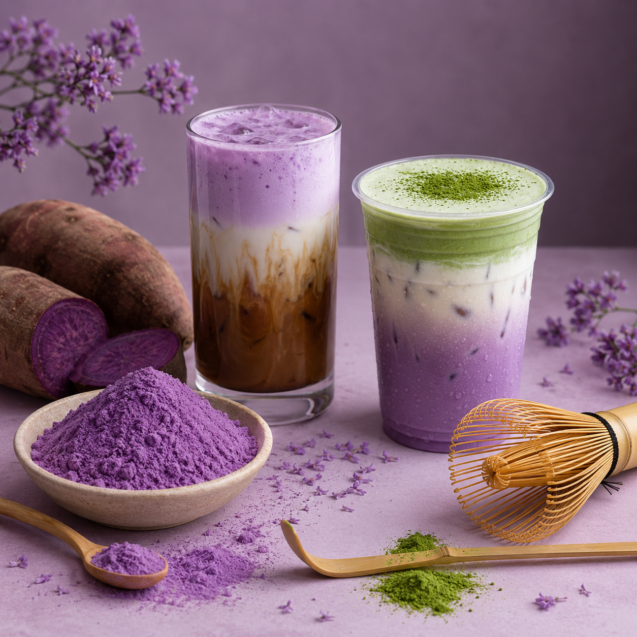 Lattes de ube morado y matcha verde con polvo de boniato morado y flores