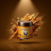 Hero de campaña de Masala Chai Blend: lata con explosión de color sobre fondo de marca - imagen firma IA