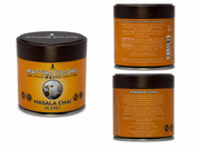 Composición de producto de Masala Chai Blend: lata y cajas con panel de ingredientes