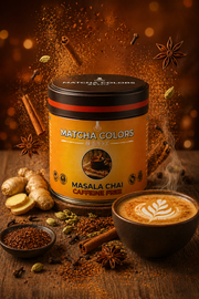 Bodegón cálido de Masala Chai Caffeine Free con especias, jengibre y latte chai