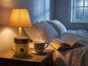 Lata de Masala Chai Caffeine Free de Matcha Colors en una mesilla de noche con una taza humeante, un libro y luz cálida de lámpara - campaña IA