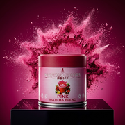 Lata de Pink Matcha Blend sobre pedestal con una explosión de polvo rosa sobre fondo fucsia - campaña IA