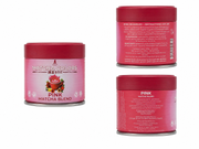 Composición de producto de Pink Matcha Blend: lata y cajas con panel de ingredientes