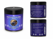 Composición de producto de Butterfly Pea Flower: lata y cajas con panel de ingredientes