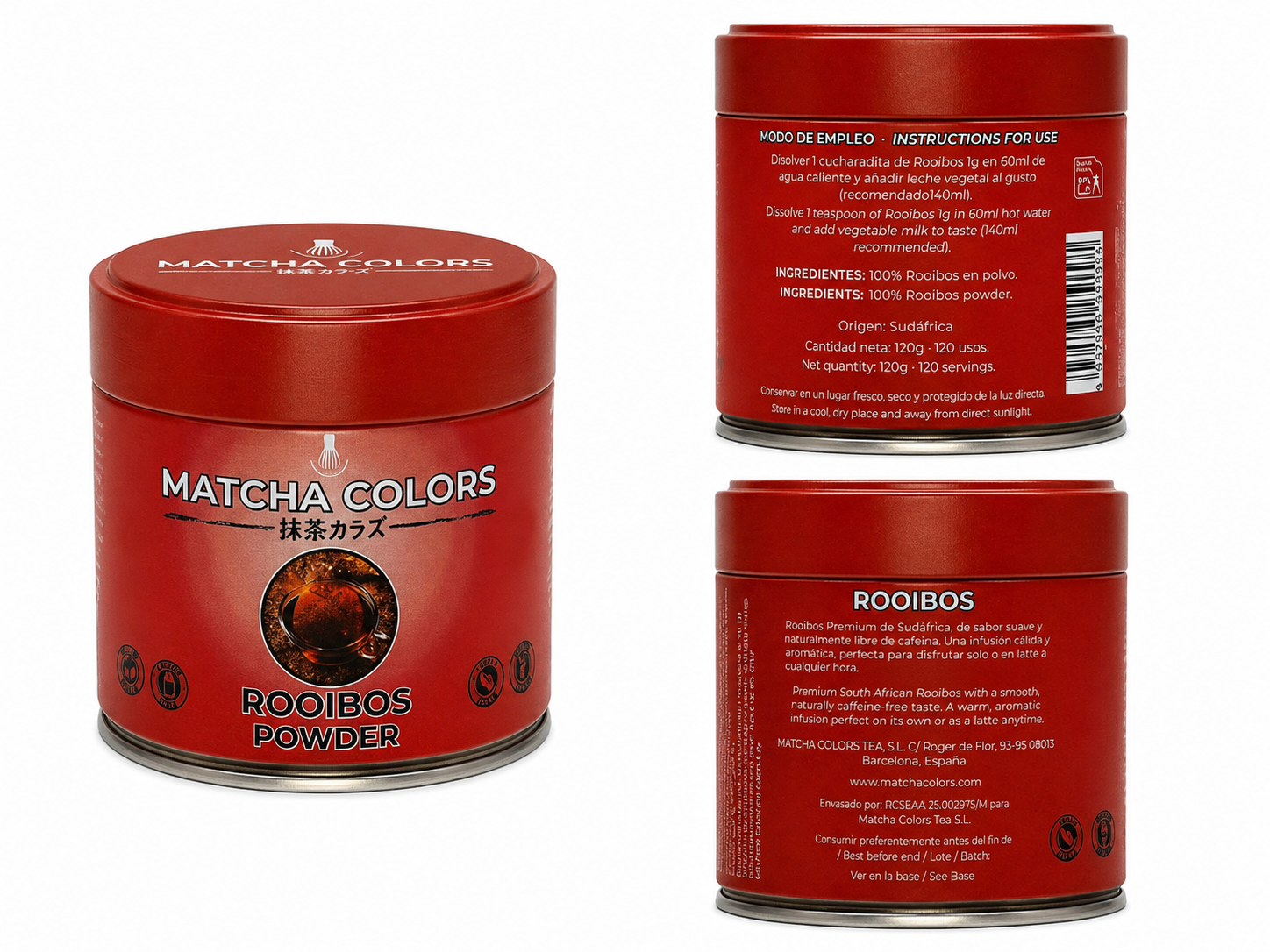 Composición de producto de Rooibos Premium: lata y cajas con panel de ingredientes