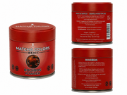 Composición de producto de Rooibos Premium: lata y cajas con panel de ingredientes