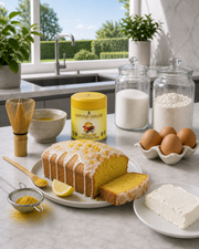 Yellow Matcha Blend en la cocina con bizcocho y latte dorado