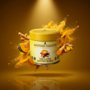 Hero de campaña de Yellow Matcha Blend: lata con explosión de color sobre fondo de marca - imagen firma IA